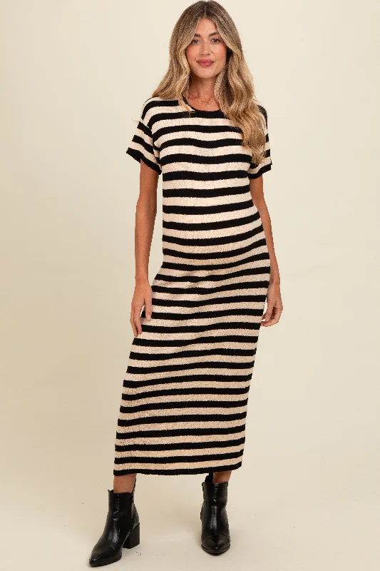 Women's midi dress fam chic -Beige Striped Knit Maternity Midi Dress