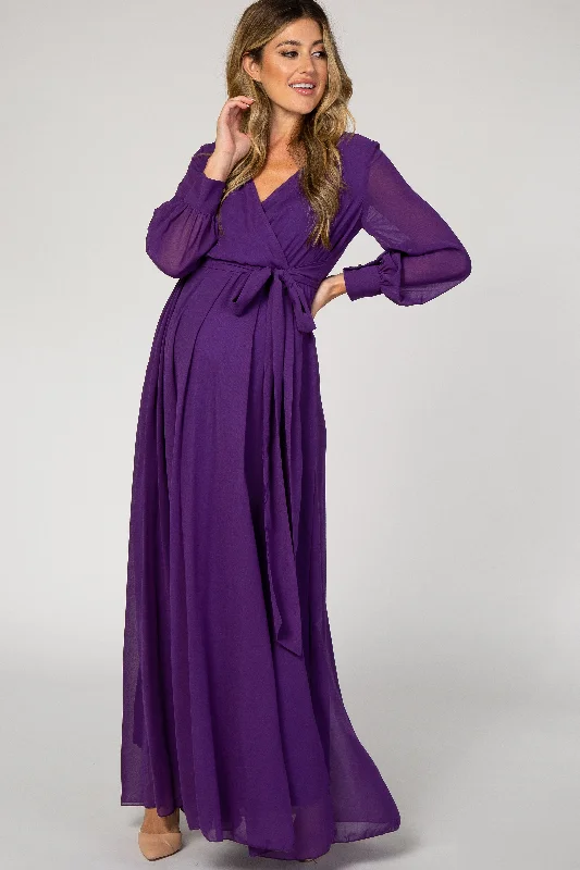 Women's floral dress tiny pop -Purple Chiffon Long Sleeve Pleated Maternity Maxi Dress