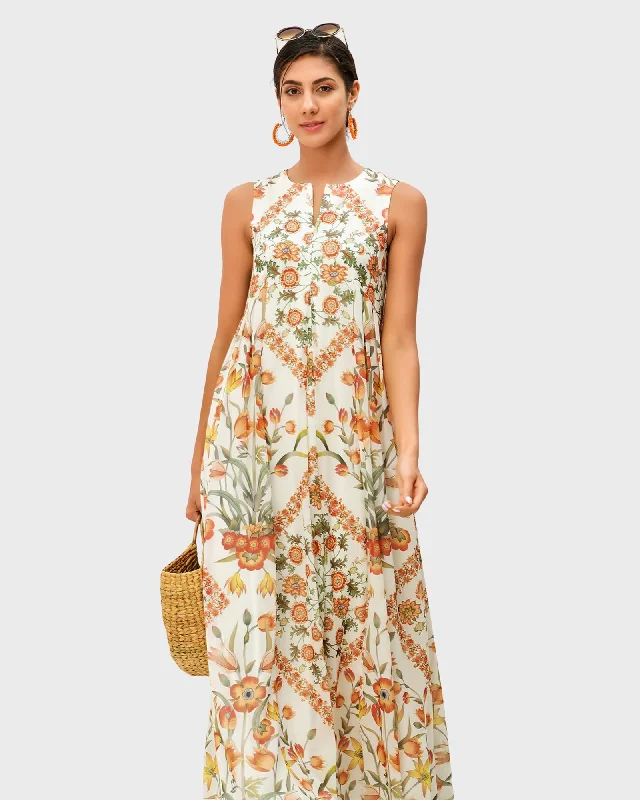 ladies-floral-dress-cinnamon-calm-Floral print georgette release pleat dress | Off-white