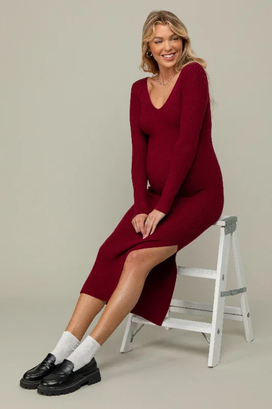 Women's midi dress mint chic -Burgundy Ribbed Knit Side Slit Maternity Midi Dress