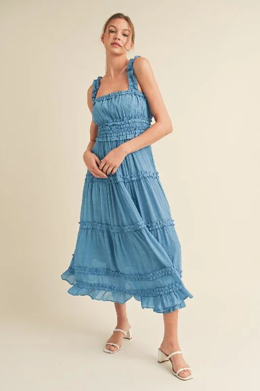 Women's midi dress knee flair -Blue Ruffled Midi Dress