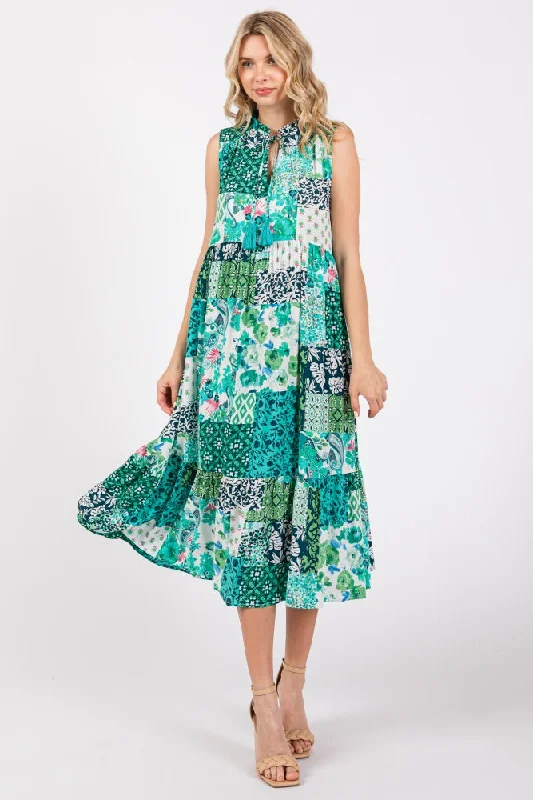 Women's midi dress crisp glow -Emerald Green Floral Paisley Tassel Tie Ruffle Hem Midi Dress