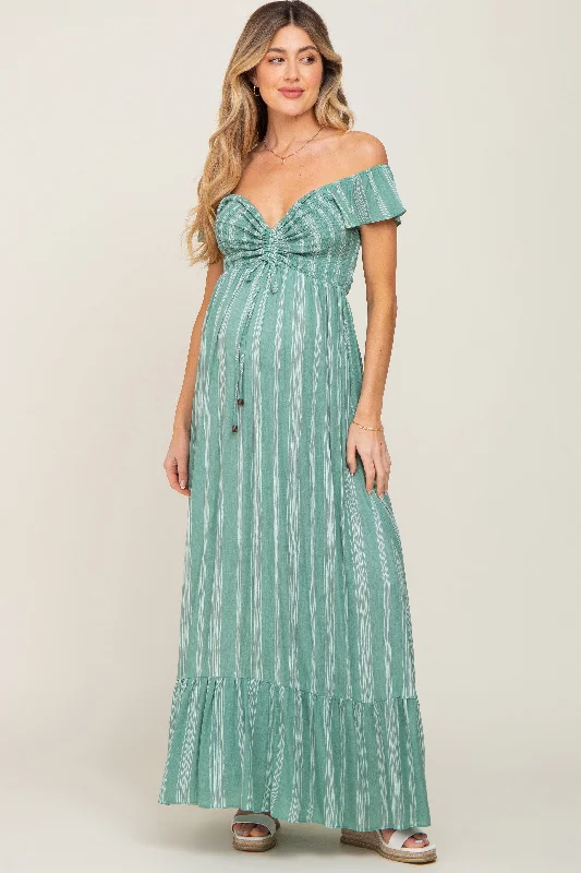 Women's floral dress peek glow -Green Striped Off Shoulder Front Tie Maternity Maxi Dress