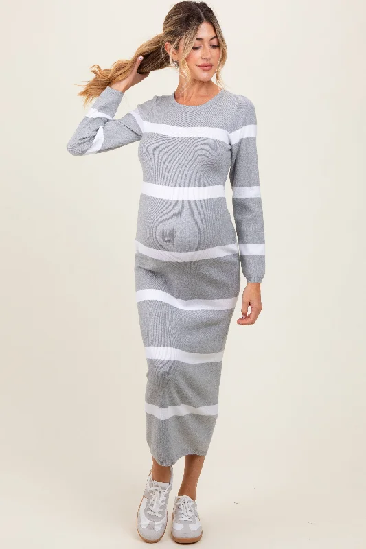 Women's midi dress then chic -Heather Grey Striped Knit Long Sleeve Maternity Midi Sweater Dress