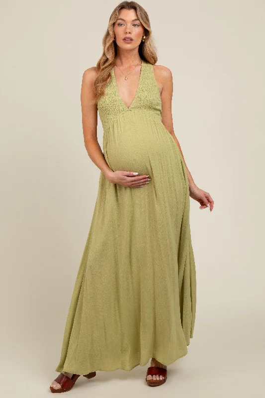 Women's floral dress past flair -Lime Deep V-Neck Cross Back Maternity Maxi Dress