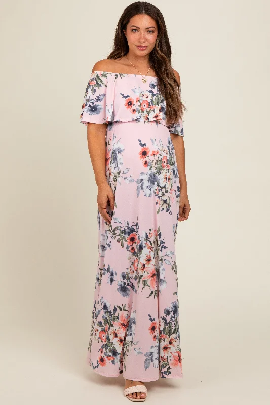 Women's floral dress joy flair -Pink Off Shoulder Floral Ruffle Maternity Maxi Dress