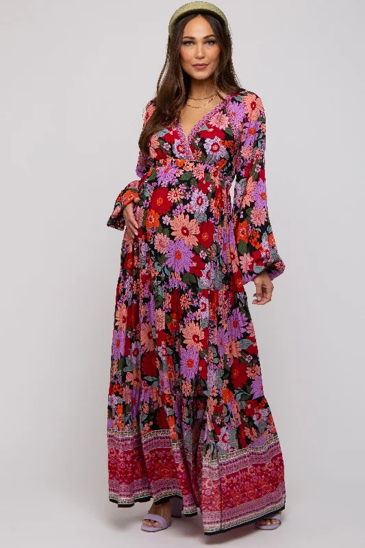 Women's floral dress link glow -Black Floral Long Sleeve Tiered Maternity Maxi Dress