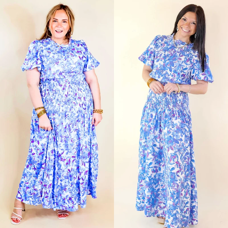 Women's floral dress roam pop -Moonlit Bay Floral High Neck Maxi dress with Smocked Waistline in Blue