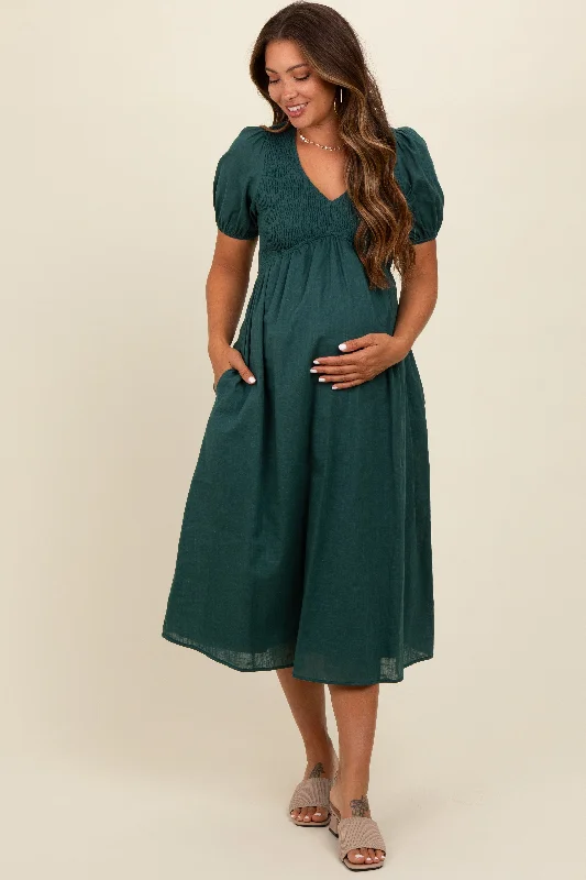 Women's midi dress spin pop -Green Smocked V-Neck Puff Sleeve Maternity Midi Dress