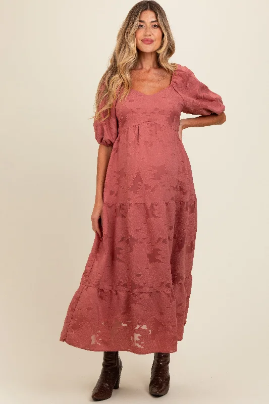 Women's midi dress bloom glow -Mauve Floral Textured Tiered Midi Maternity Dress