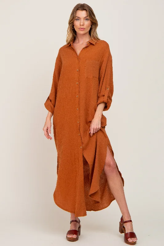 Women's midi dress peek chic -Camel Button Down 3/4 Sleeve Midi Dress