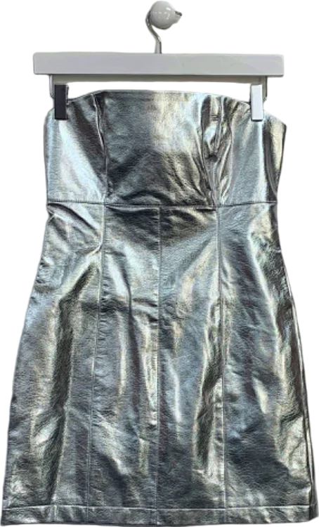 ladies-mini-dress-beaded-buzz-Nasty Gal Silver Metallic Faux Leather Bandeau Mini Dress UK 8