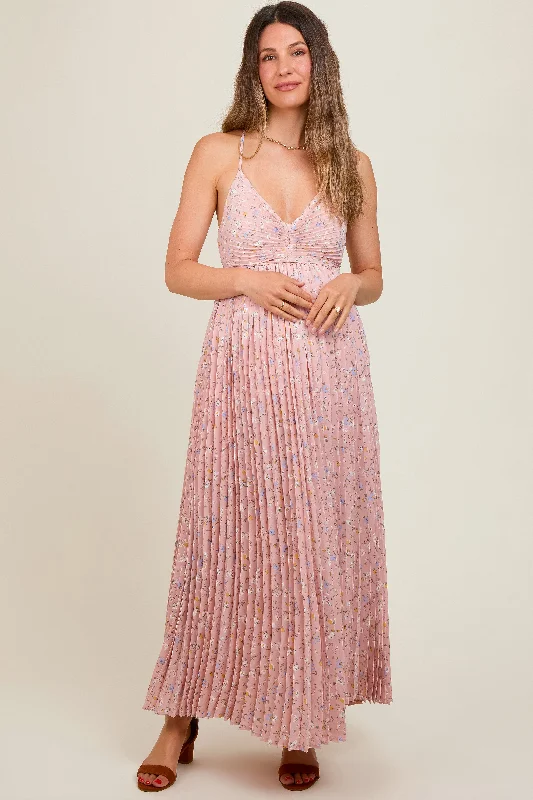 Women's floral dress skip chic -Light Pink Floral Pleated Back Cutout Maternity Maxi Dress