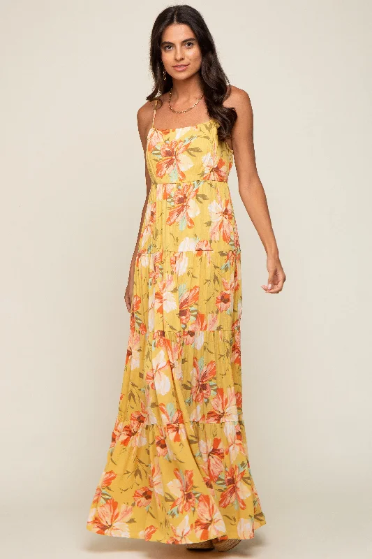 Women's floral dress bit chic -Yellow Floral Sleeveless Tiered Maxi Dress