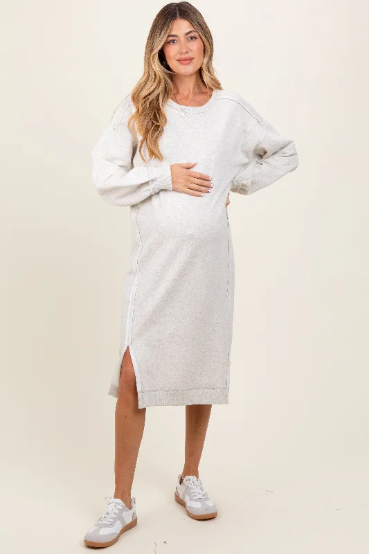 Women's midi dress crisp glow -Heather Beige Maternity Sweatshirt Midi Dress