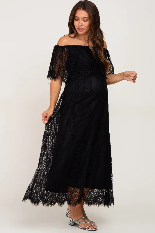 Women's floral dress wide bloom -Black Lace Off Shoulder Maternity Maxi Dress