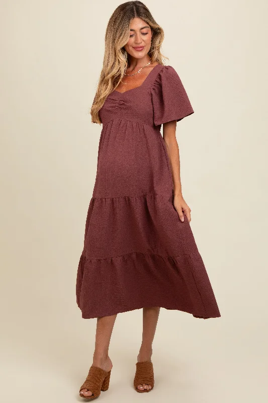 Women's midi dress clean chic -Burgundy Sweetheart Neck Short Puff Sleeve Tiered Maternity Midi Dress