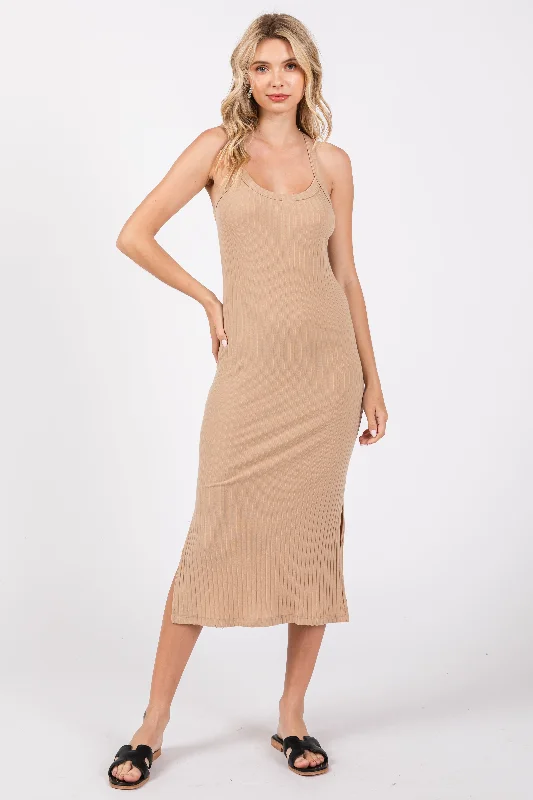 Women's midi dress mama flair -Beige Ribbed Racerback Midi Dress