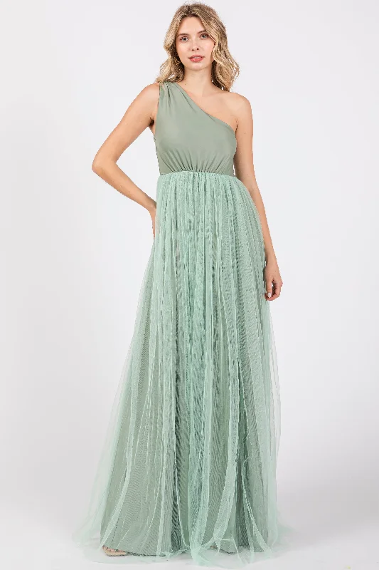 Women's floral dress twirl pop -Light Olive One Shoulder Tulle Maxi Dress