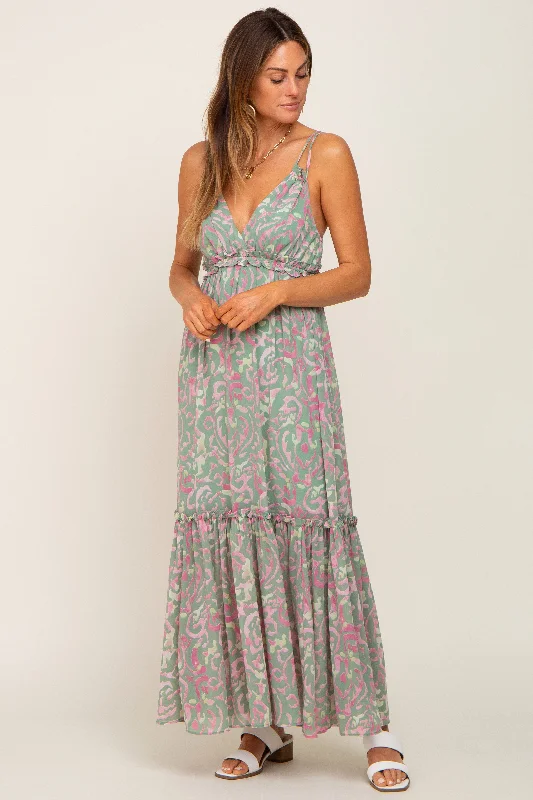 Women's floral dress gash bloom -Light Olive Chiffon V-Neck Ruffle Tiered Maxi Dress