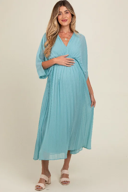 Women's floral dress frost flair -Blue Pleated V Neck Maternity Maxi Dress