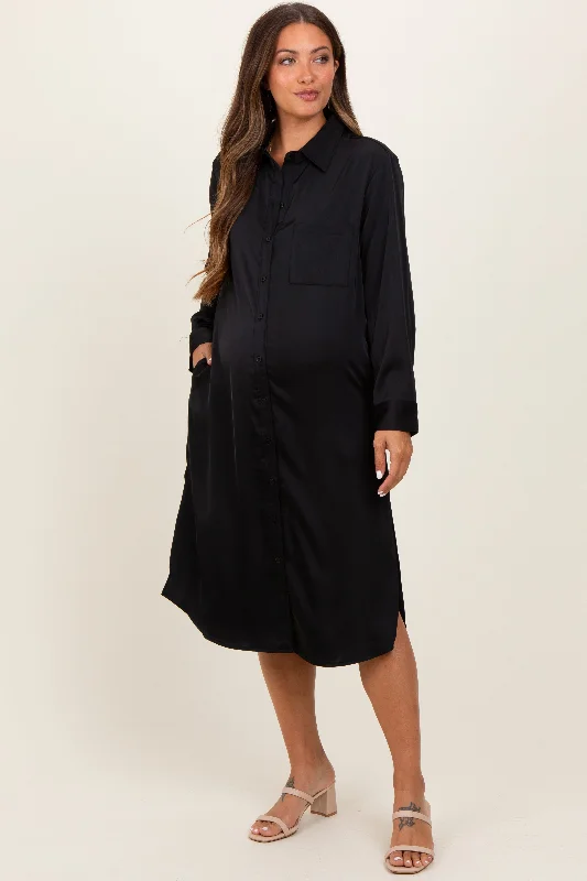 Women's midi dress glee glow -Black Long Sleeve Maternity Midi Shirt Dress