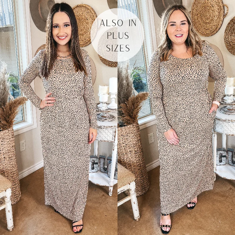 Women's floral dress half flair -Last Chance Size Small | Downtown Spotlight Long Sleeve Dotted Babydoll Maxi Dress in Beige