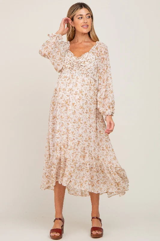 Women's floral dress fall pop -Ivory Floral Chiffon Ruffle Maternity Maxi Dress