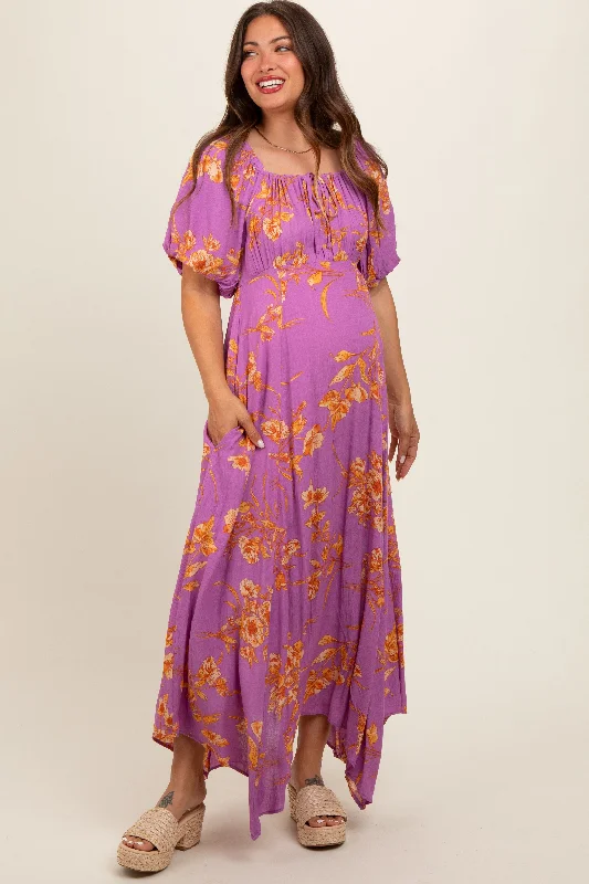 Women's floral dress fuzz bloom -Lavender Floral Puff Sleeve Maternity Maxi Dress