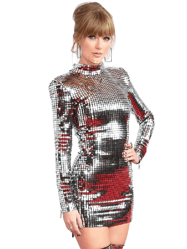 ladies-mini-dress-white-wow-Women's Shiny Plaid Sequins Body-Con Mini Dress