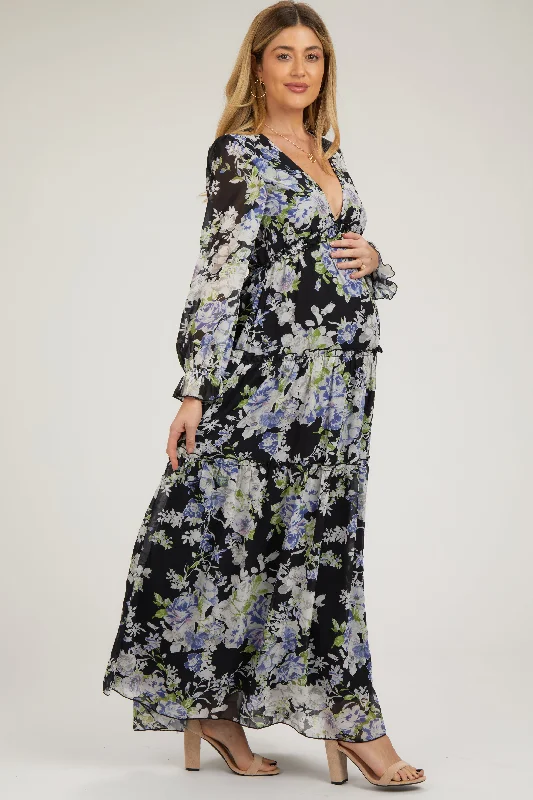 Women's floral dress hand bloom -Black Floral Chiffon Deep V Ruffle Tiered Maternity Maxi Dress