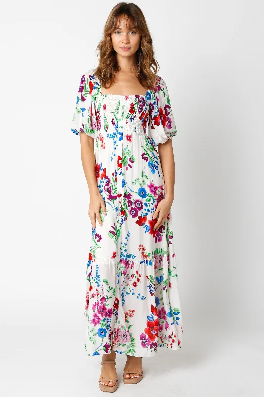 Women's floral dress tidy flair -Ivory Floral Front Button Accent Maxi Dress