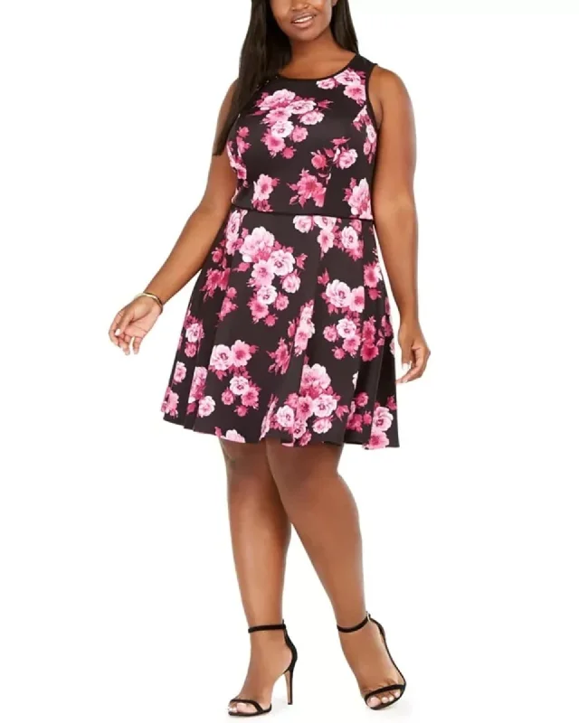 ladies-floral-dress-short-sleeve-breeze-City Studios Women's Plus Size Floral Print A Line Dress Purple Size 20W | Purple