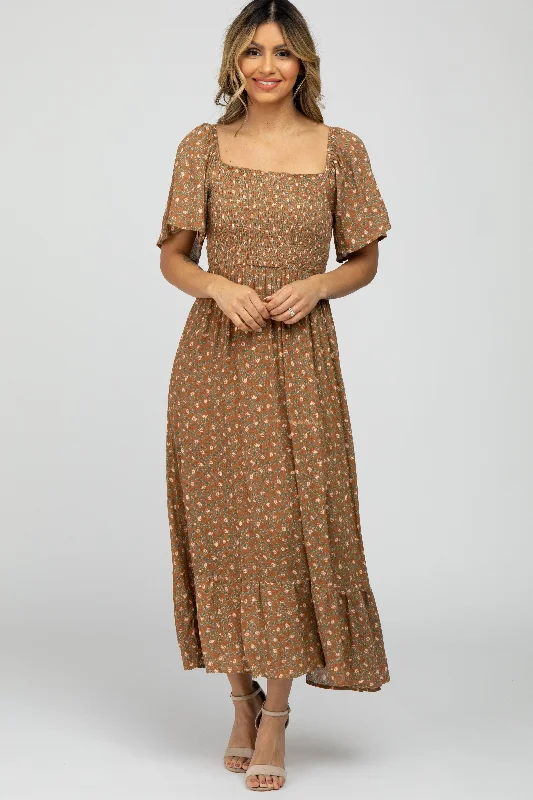 Women's midi dress keen chic -Camel Floral Smocked Square Neck Midi Dress