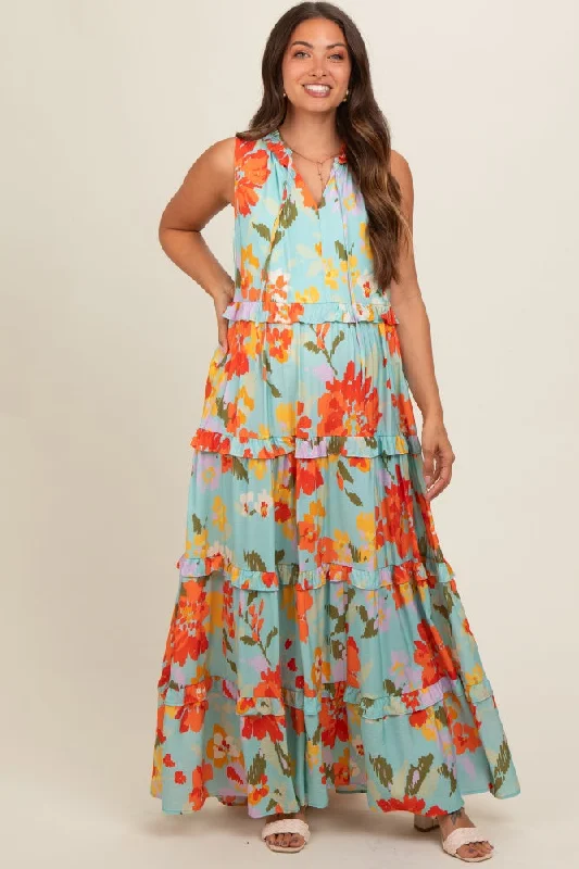 Women's floral dress sea flair -Light Blue Floral Sleeveless Ruffle Tiered Maternity Maxi Dress