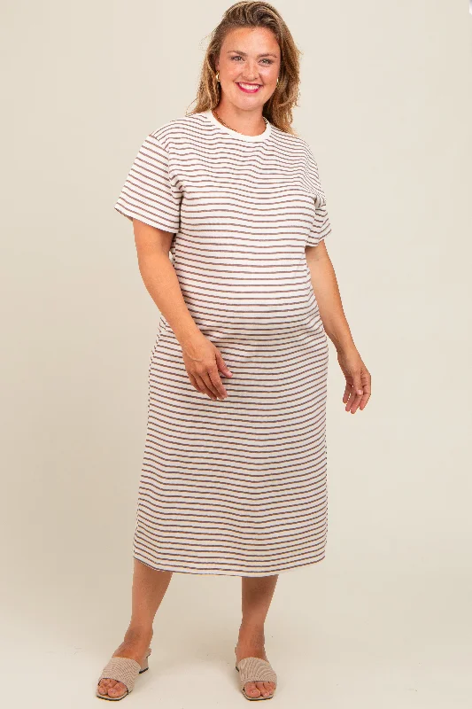 Women's midi dress trim flair -Cream Striped Short Sleeve Maternity Plus T-Shirt Midi Dress