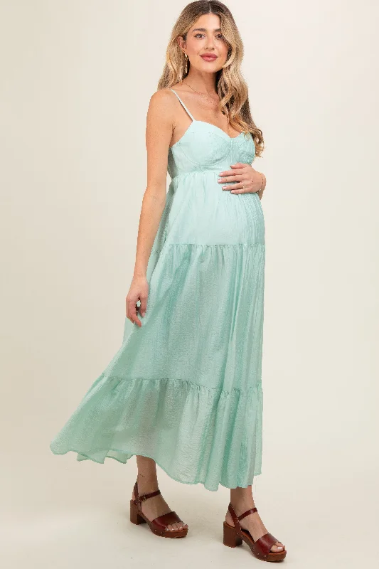 Women's floral dress glen glow -Mint Green Sleeveless Tiered Maternity Maxi Dress