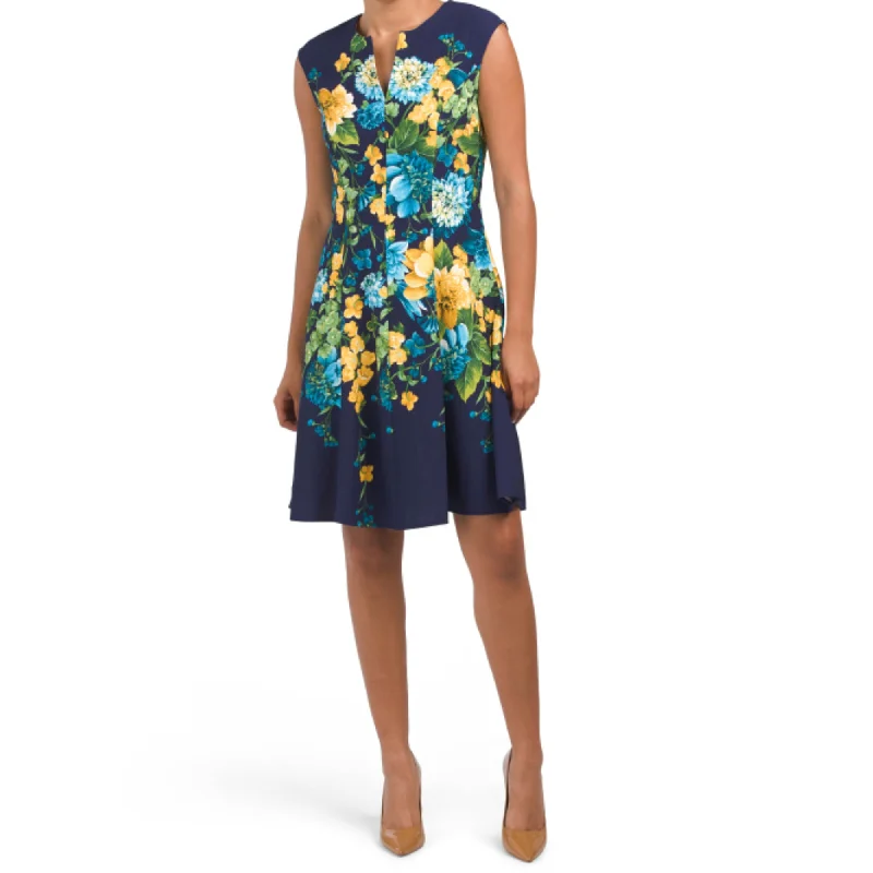 ladies-mini-dress-ruffle-ripple-London Times Women's Floral Print Split Neck Fit & Flare Mini Dress