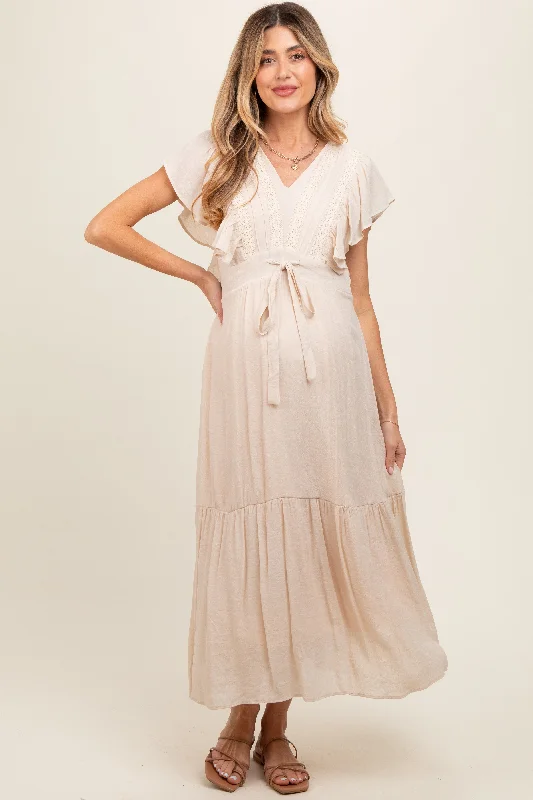 Women's floral dress ride pop -Cream Cuffed Sleeve Front Tie Maternity Maxi Dress