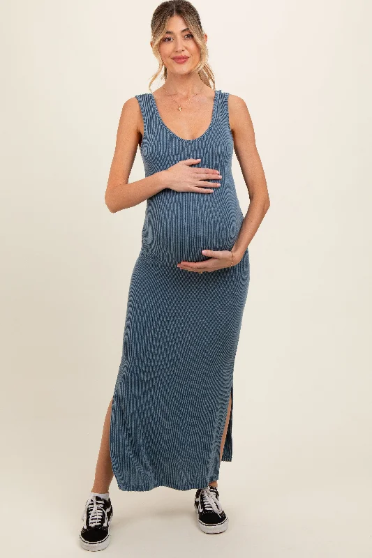 Women's floral dress kin chic -Blue Ribbed Side Slit Maternity Maxi Dress