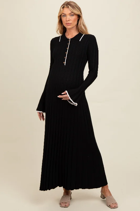 Women's floral dress void flair -Black Ribbed Knit Collared Button Up Maternity Maxi Dress