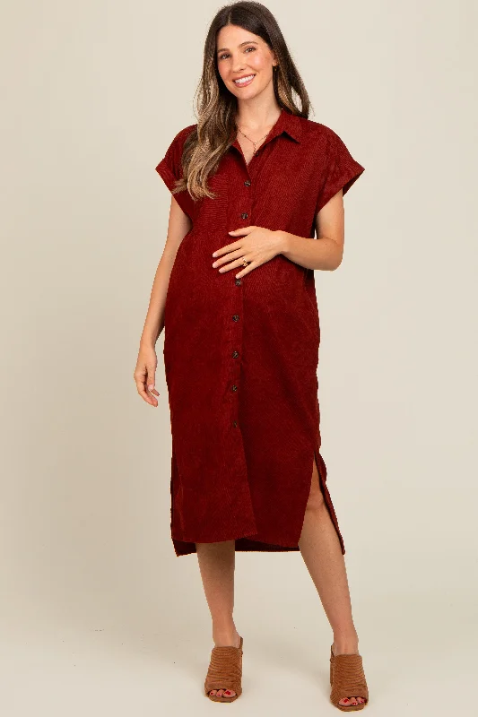 Women's midi dress bold hue -Rust Corduroy Button Down Maternity Midi Dress