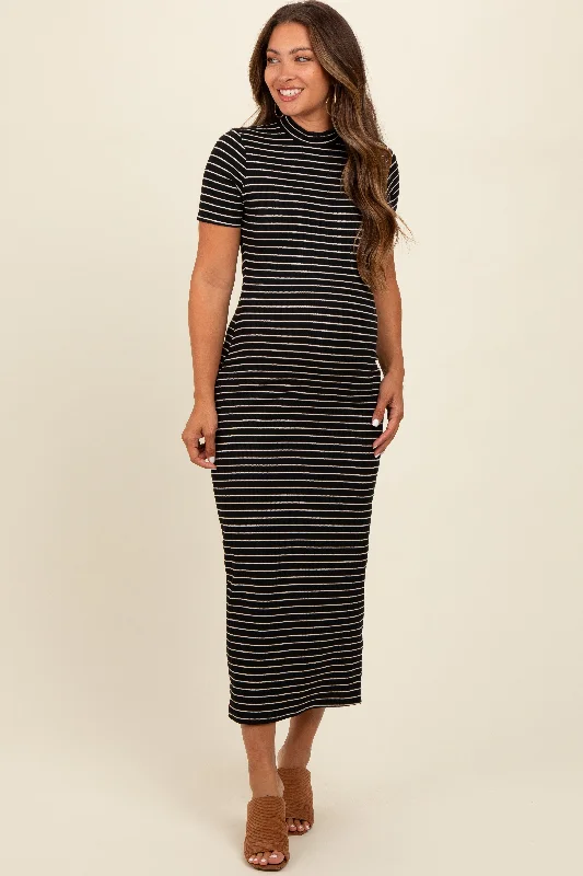 Women's midi dress 60s pop -Black Striped Mock Neck Fitted Maternity Midi Dress