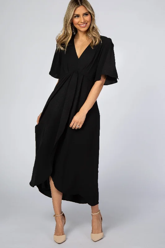 Women's midi dress lone glow -Black Open Sleeve Wrap Midi Dress