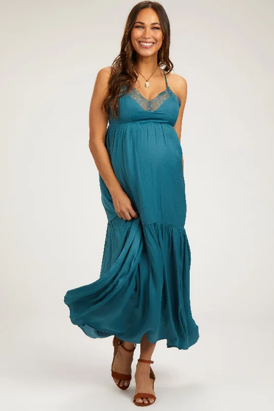 Women's floral dress shop pop -Teal Sleeveless Lace Tiered Maternity Maxi Dress