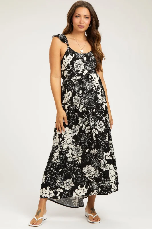 Women's floral dress feast bloom -Black Floral Back Tie Maternity Maxi Dress