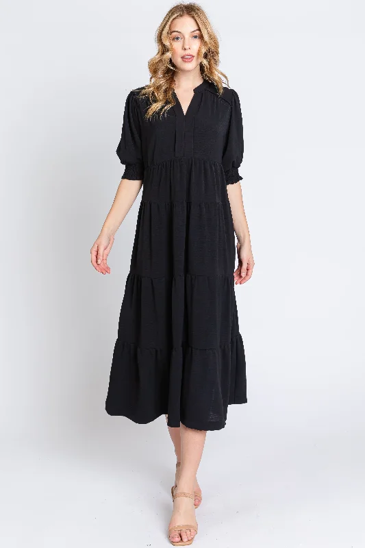 Women's midi dress cinch chic -Black Short Sleeve Tiered Midi Dress