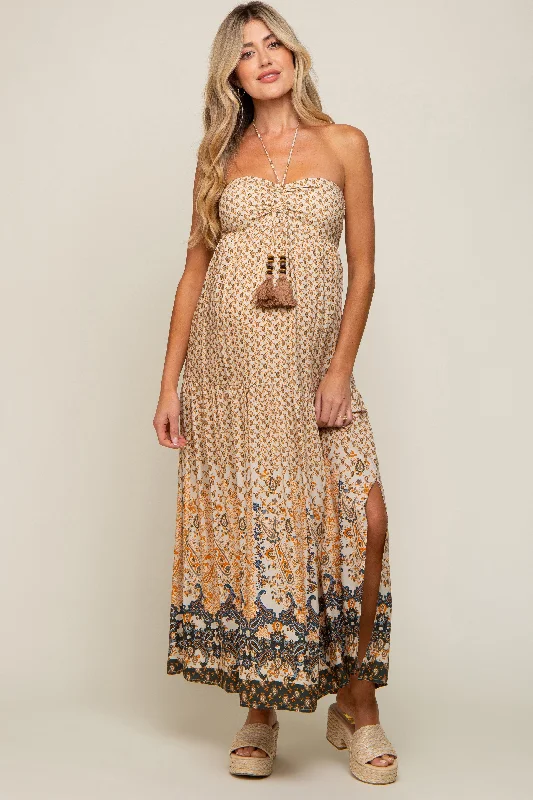 Women's floral dress hub bloom -Beige Floral Paisley Halter Maternity Maxi Dress