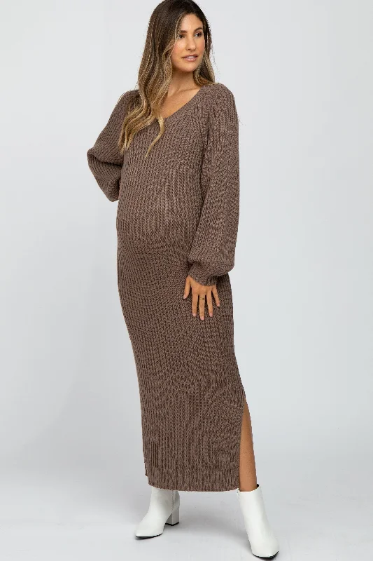 Women's floral dress pro bloom -Taupe Side Slit Maternity Maxi Sweater Dress