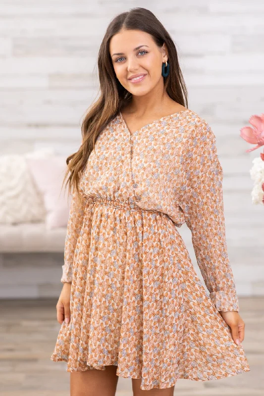 ladies-floral-dress-spring-sprout-Tan Surplice Front Floral Long Sleeve Dress